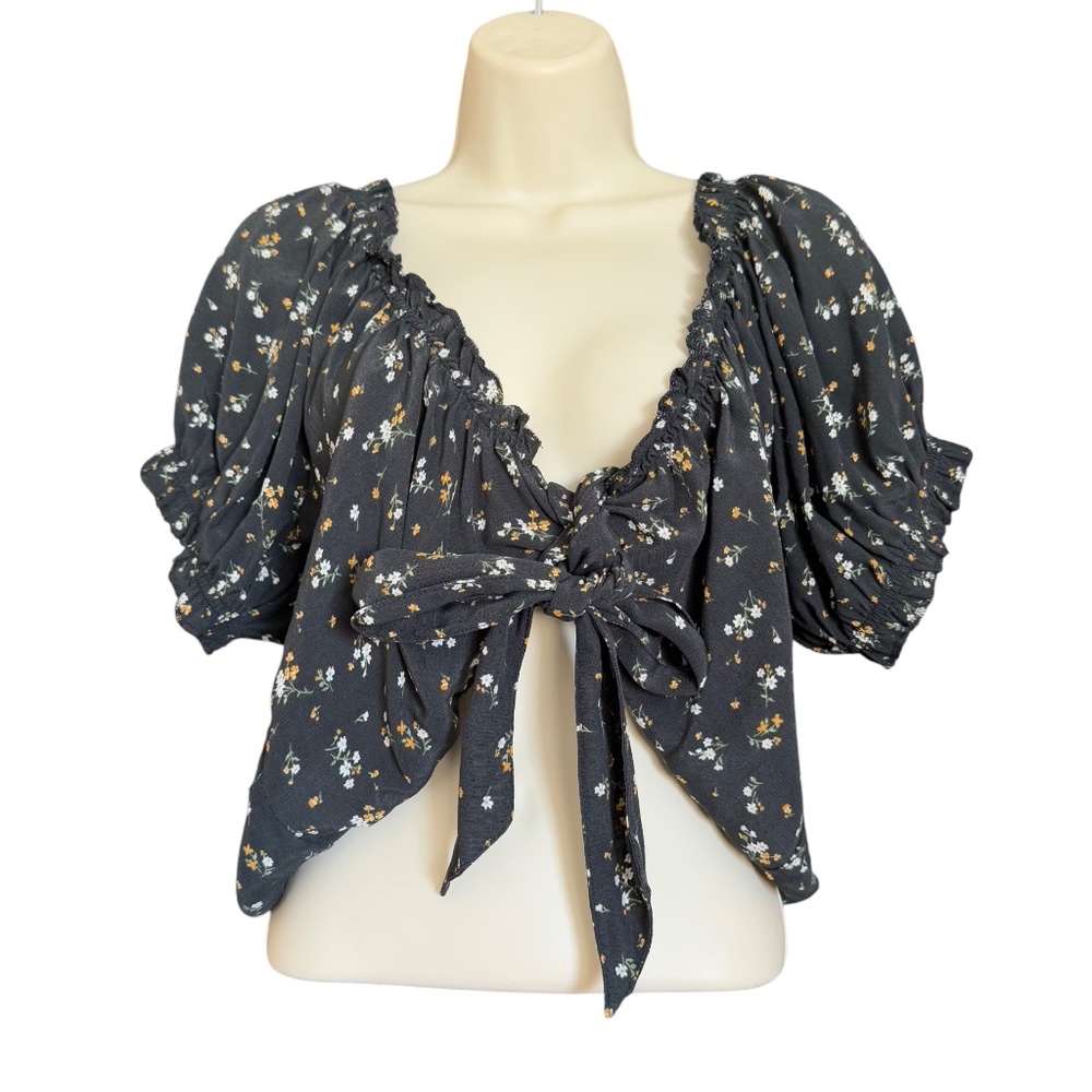 American Eagle Floral Puff Sleeve Tie Front Crop Top Black XL NWT - Picture 3 of 13
